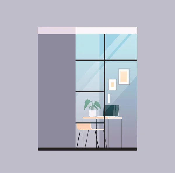Tomt coworking center modernt kontor rum interiör öppet utrymme med möbler bakom glasfönster — Stock vektor