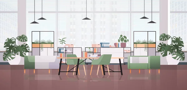 Centro de coworking vazio sala de escritório moderno espaço aberto criativo interior com mobiliário horizontal — Vetor de Stock