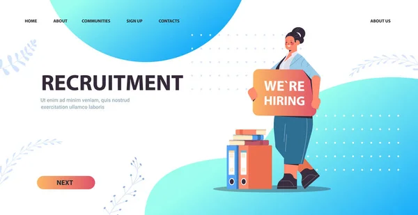 Businesswoman hr manager holding we are hiring poster vacancy open recruitment human resources employment — Stock Vector