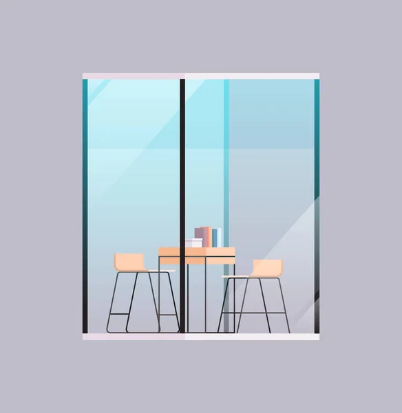 Centro de coworking vazio sala de escritório moderno espaço aberto interior com móveis atrás de janela de vidro vetor ilustração — Vetor de Stock