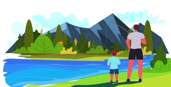 Ayah muda dan anak memancing dengan batang di danau mengasuh konsep ayah menghabiskan waktu dengan anak - Stok Vektor