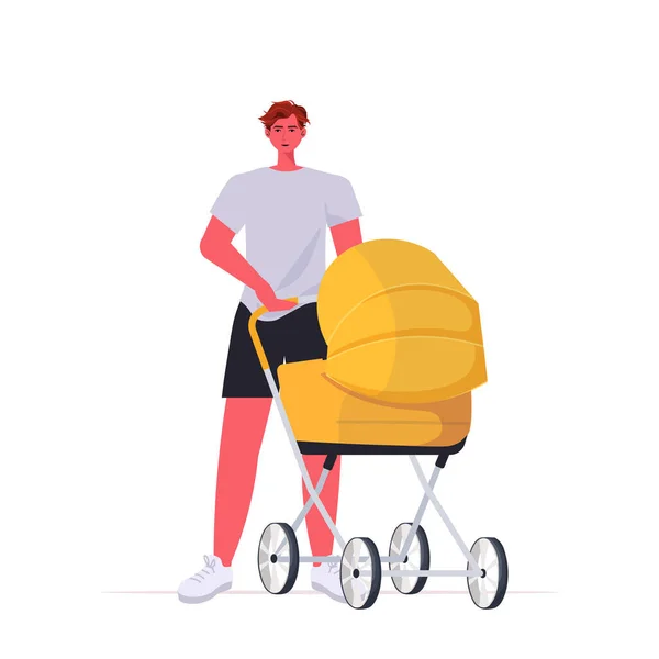 Ung far promenader utomhus med nyfödda barn i barnvagn faderskap föräldraskap koncept pappa tillbringa tid med barn — Stock vektor
