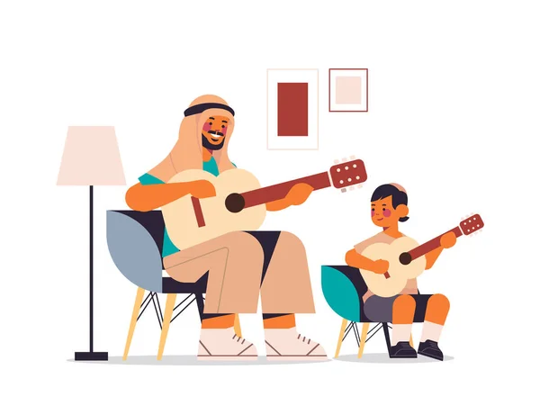 Arabischer Vater bringt kleinem Sohn das Gitarrespielen bei Erziehungskonzept Vater verbringt Zeit mit seinem Kind — Stockvektor