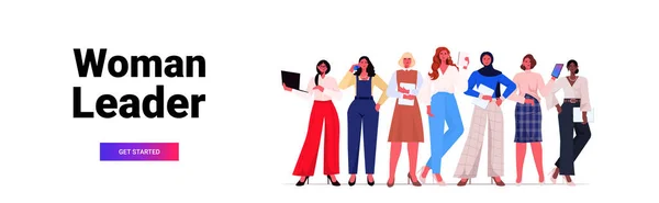 Geschäftsfrauen Führungspersönlichkeiten in formeller Kleidung stehen zusammen erfolgreiche Geschäftsfrauen Teamführungskonzept — Stockvektor