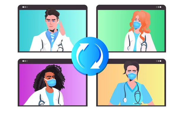 Blanda ras läkare i masker diskuterar under videosamtal online samråd virtuell konferens kamp mot covid-19 — Stock vektor