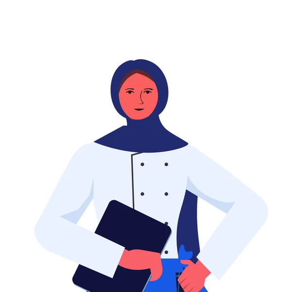 Cozinheiro feminino em uniforme árabe mulher chef segurando tablet pc cozinhar conceito da indústria alimentar —  Vetores de Stock