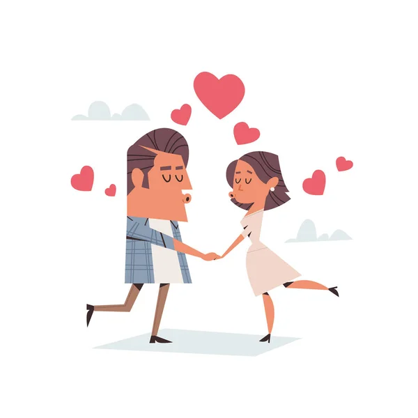 Man woman couple in love standing together and holding hands valentines day celebration concept — Stock Vector
