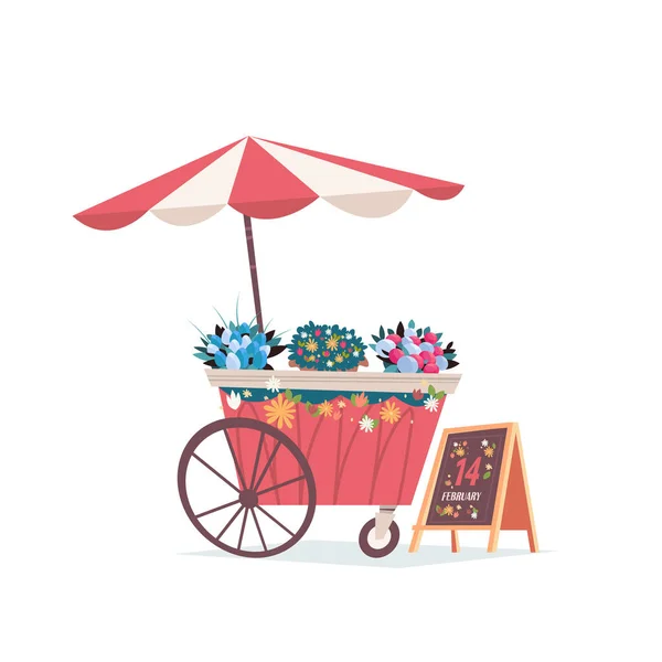 Mercado barracas tenda de comércio justo quiosque ao ar livre com flores dia dos namorados conceito celebração cartão —  Vetores de Stock