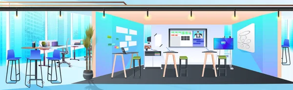 Moderno gabinete interior creativo coworking centro no personas espacio abierto oficina habitación con muebles — Vector de stock