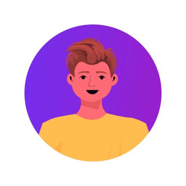 Kahverengi saçlı çocuk Avatar 'a bakıyor şirin çocuk erkek çizgi film karakteri portresi