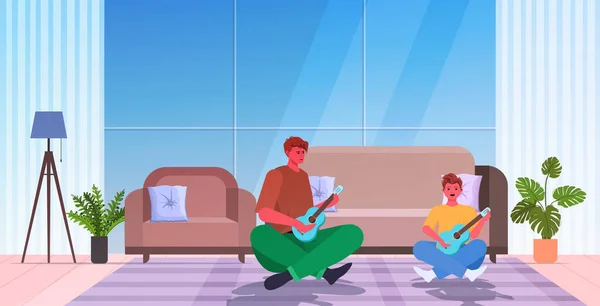 Padre joven enseñando a su hijo pequeño a tocar la guitarra paternidad paternidad concepto papá pasar tiempo con su hijo — Vector de stock