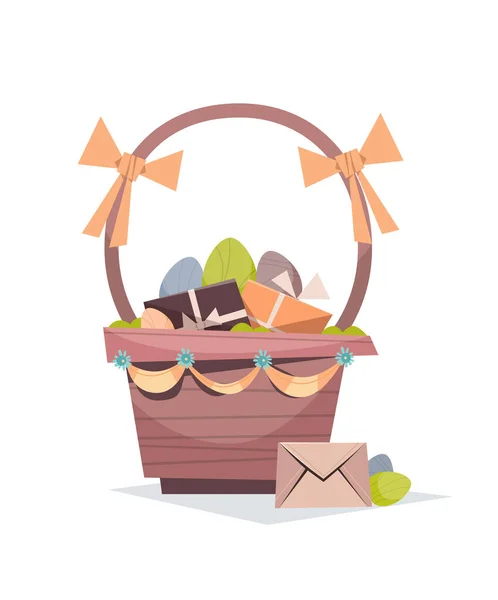 バスケット垂直の装飾されたカラフルな卵や贈り物と幸せなイースターの春の休日のお祝いグリーティングカード — ストックベクタ