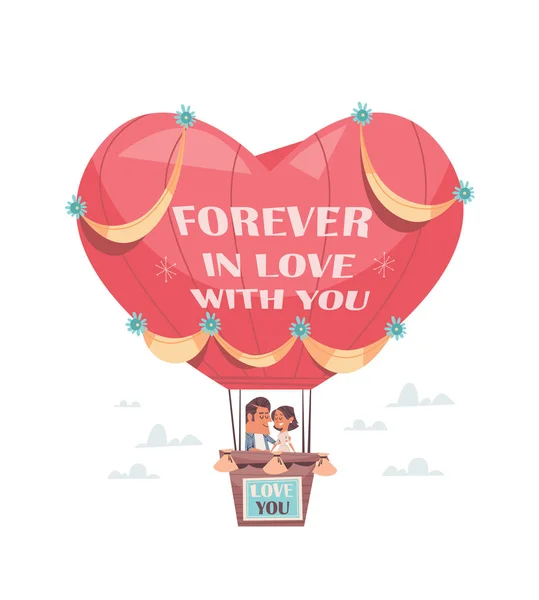 Couple in love flying in hot air balloon girlfriend and boyfriend having fun valentines day celebration concept — Stock Vector