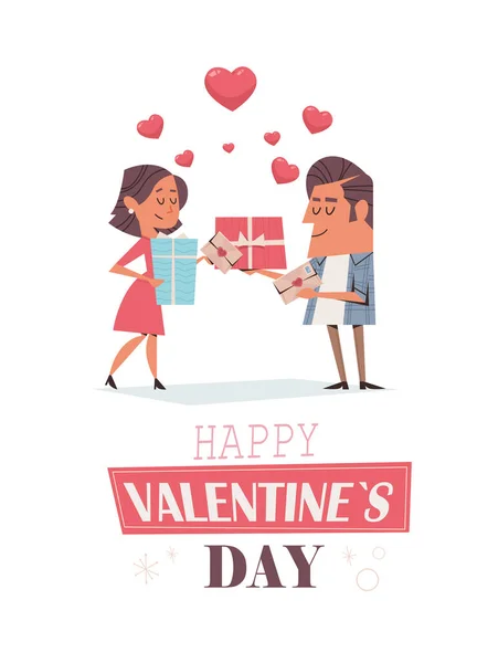 Pareja enamorada novia y novio celebración regalos día de San Valentín concepto tarjeta de felicitación — Archivo Imágenes Vectoriales