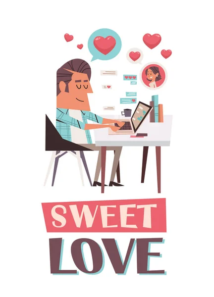 Mężczyzna w miłości za pomocą laptopa na czacie z dziewczyną Walentynki uroczystości koncepcja karty okolicznościowej — Wektor stockowy