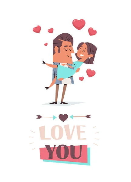 Man som håller flickvän i sina armar par i kärlek firar alla hjärtans dag gratulationskort — Stock vektor