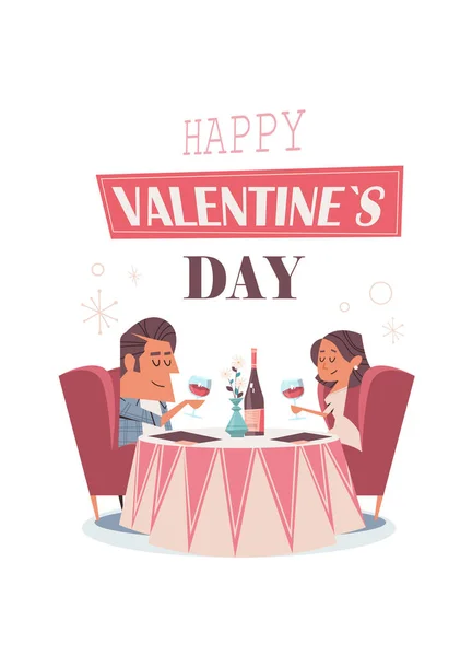 Pareja en el amor sentado en la mesa de café novia y novio beber vino en la fecha San Valentín concepto de celebración del día — Archivo Imágenes Vectoriales