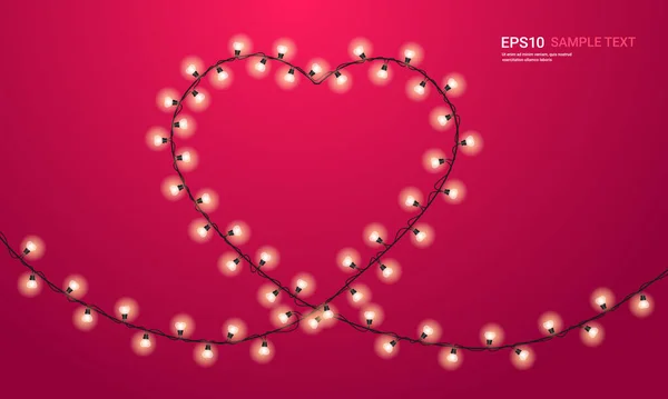 Día de San Valentín celebración amor pancarta volante o tarjeta de felicitación con bombillas en forma de corazón — Vector de stock