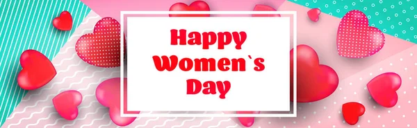 Nők nap 8 március ünnep ünneplés banner szórólap vagy üdvözlő kártya szívvel vízszintes — Stock Vector