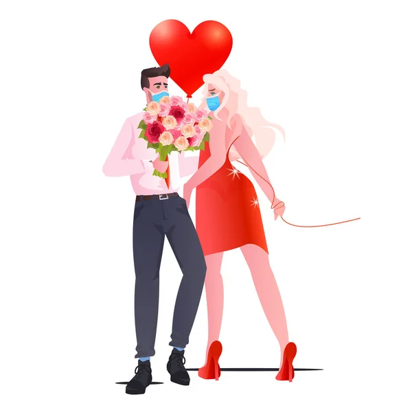 Pria wanita bertopeng berdiri bersama pasangan merayakan hari valentine konsep karantina coronavirus - Stok Vektor