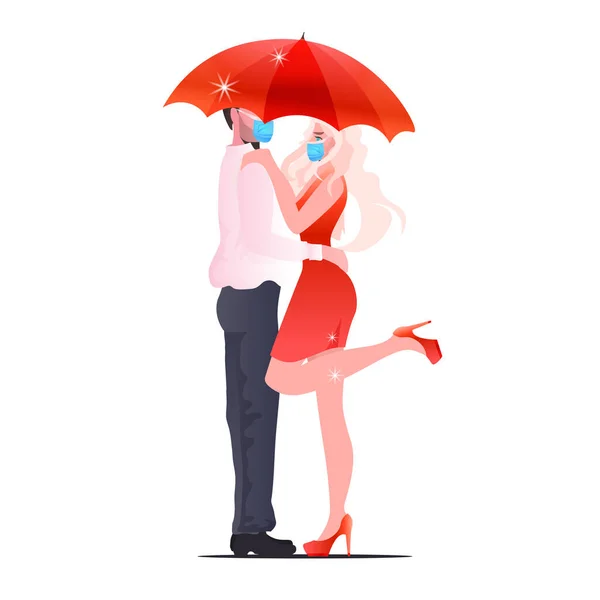Muž žena v maskách stojí spolu pod deštníkem pár slaví valentines den koronavirus karantény — Stockový vektor