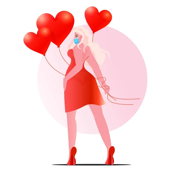 Blonde woman in mask holding air balloons valentines day celebration coronavirus quarantine concept — Stock Vector