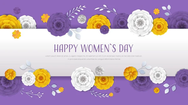 Womens dag 8 mars helgdag firande banner flygblad eller gratulationskort med dekorativa papper blommor — Stock vektor