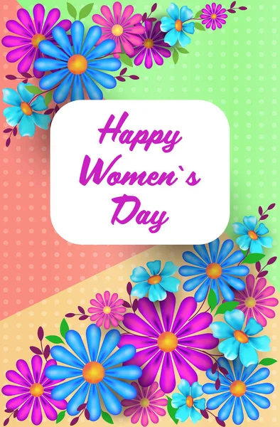 Frauentag 8. März Feiertagsfeier Konzept Schriftzug Grußkarte Poster oder Flyer mit Blumen — Stockvektor
