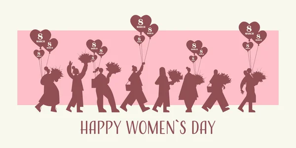 Women silhouettes holding bouquets and air balloons womens day 8 march holiday celebration concept — Stock Vector