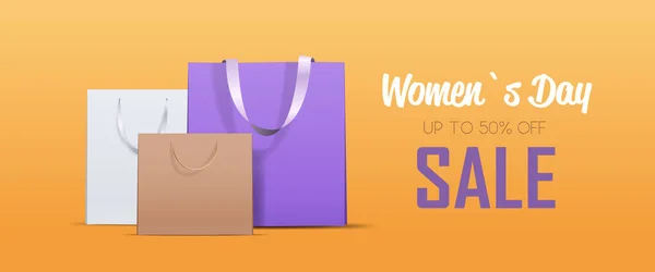 Coloridas bolsas de compras para mujer día 8 marzo venta de vacaciones oferta especial concepto de compras — Vector de stock