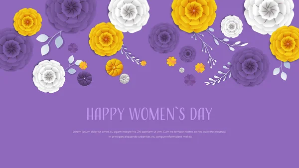 Жіночий день 8 березня свято святкування банер флаєр або вітальна листівка з декоративними паперовими квітами — стоковий вектор