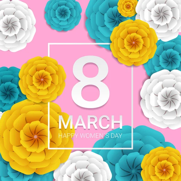 Ziua femeii 8 marș sărbătoare banner flyer sau felicitare cu flori decorative de hârtie — Vector de stoc