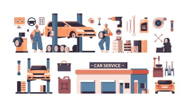 Araba servis elemanları koleksiyonunu ayarla. Bakım istasyonu tamirhanesi konseptini kontrol et.
