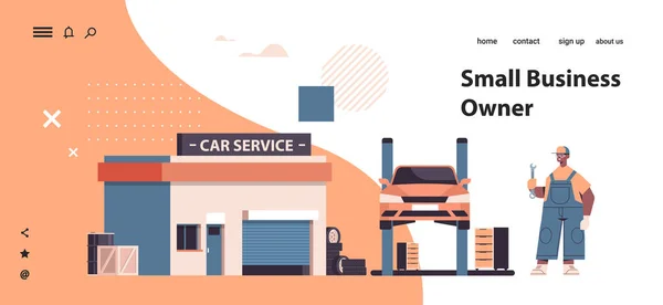 Monteur werken en repareren van auto auto service auto reparatie en check-up onderhoud station concept — Stockvector