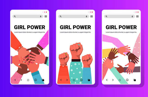 set hands of mix race group of women putting together girl power union of feminists concept