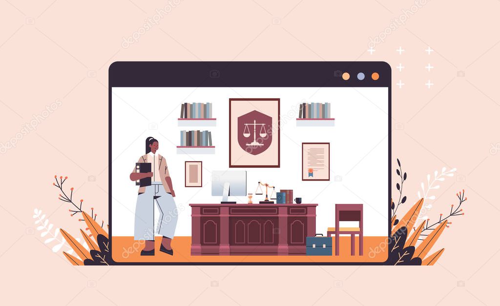 female lawyer standing near at workplace legal law advice and justice concept modern office interior