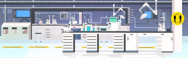 Üres nincs ember orvosi laboratórium sárga kerek jelek a társadalmi távolság coronavirus pandémia — Stock Vector