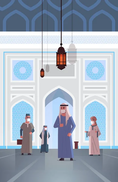 Арабы в медицинских масках приходят в мечеть Набави, строя карантинную пандемию ковид-19. — стоковый вектор