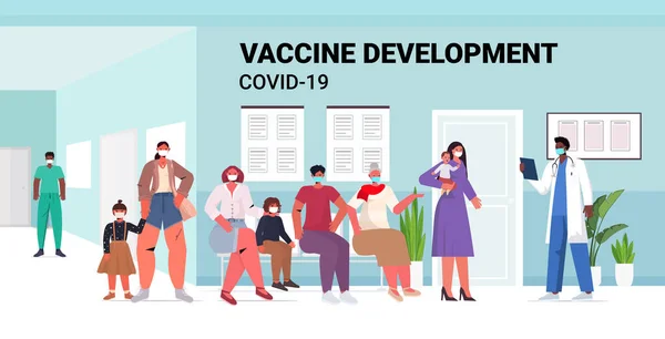 Mélanger les patients assis dans le couloir de l'hôpital les personnes attendant le vaccin covid-19 prévention du coronavirus — Image vectorielle