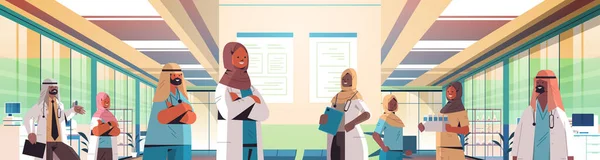 Équipe de médecins arabes en uniforme discutant lors d'une réunion dans le couloir hospitalier médecine soins de santé — Image vectorielle