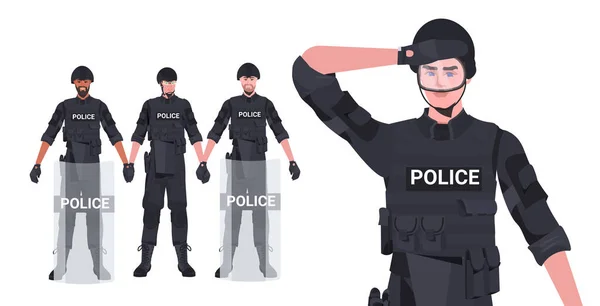 Establecer policías de raza mixta en equipo táctico completo agentes de policía antidisturbios manifestantes y disturbios de demostración control de masas — Vector de stock