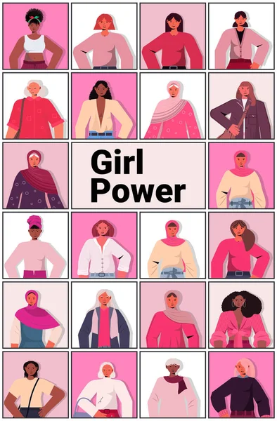 Set mix race filles avatars femelle autonomisation mouvement femmes pouvoir union de féministes concept — Image vectorielle