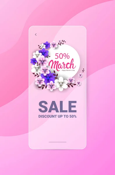Женский день 8 марта праздник праздник продажа баннер флаер или поздравительная открытка с цветами вертикальные — стоковый вектор