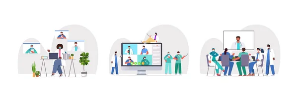 Establecer los médicos que tienen video conferencia mezclar especialistas médicos raza discutir durante la reunión virtual — Vector de stock