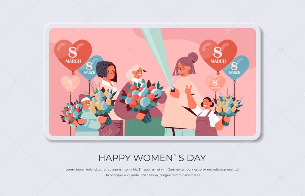 happy women with flowers and air balloons making selfie photo womens day 8 march holiday celebration concept