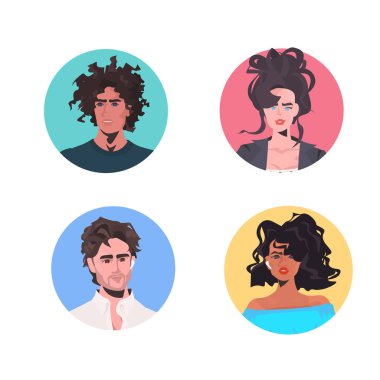 Set karışık ırk insanlar Avatar profili güzel erkek kadın kadın erkek çizgi film karakterleri koleksiyonu ile yüzleşiyor