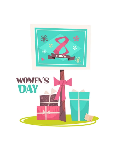Ziua femeii 8 marș sărbătoare banner flyer sau felicitare cu cadouri colorate vertical — Vector de stoc