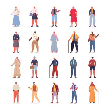 Karışık yarış yaşlı erkekler günlük moda kıyafetleri içinde son sınıf kadın erkek çizgi film karakterleri koleksiyonu.