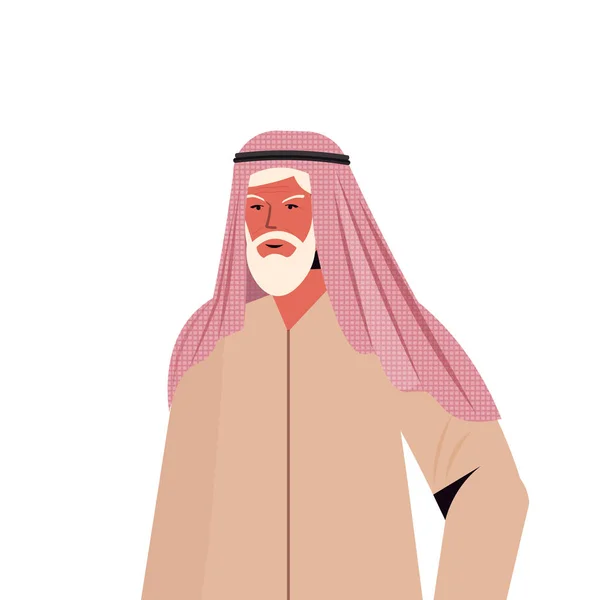 Viejo árabe hombre en tradicional ropa sénior árabe macho dibujos animados carácter gris pelo abuelo retrato — Vector de stock