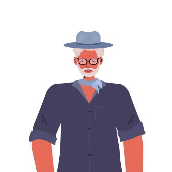 Oude man in casual trendy kleding senior man cartoon karakter grijs harig grootvader portret — Stockvector